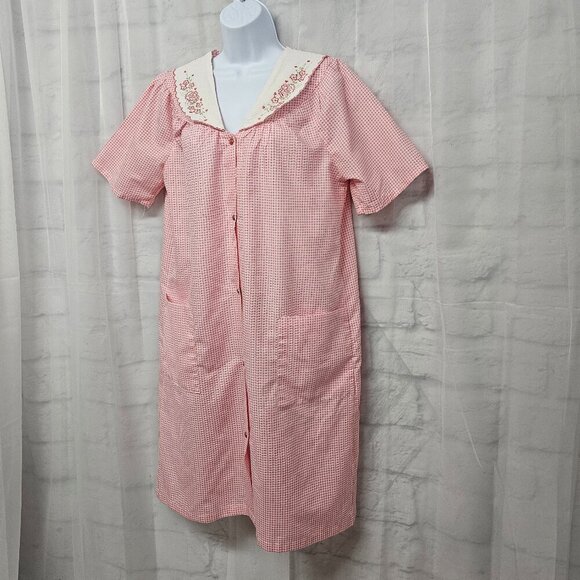 Dreamcrest Pink Gingham Pearl Snap House Dress Nightgown Lounge M - Picture 8 of 14